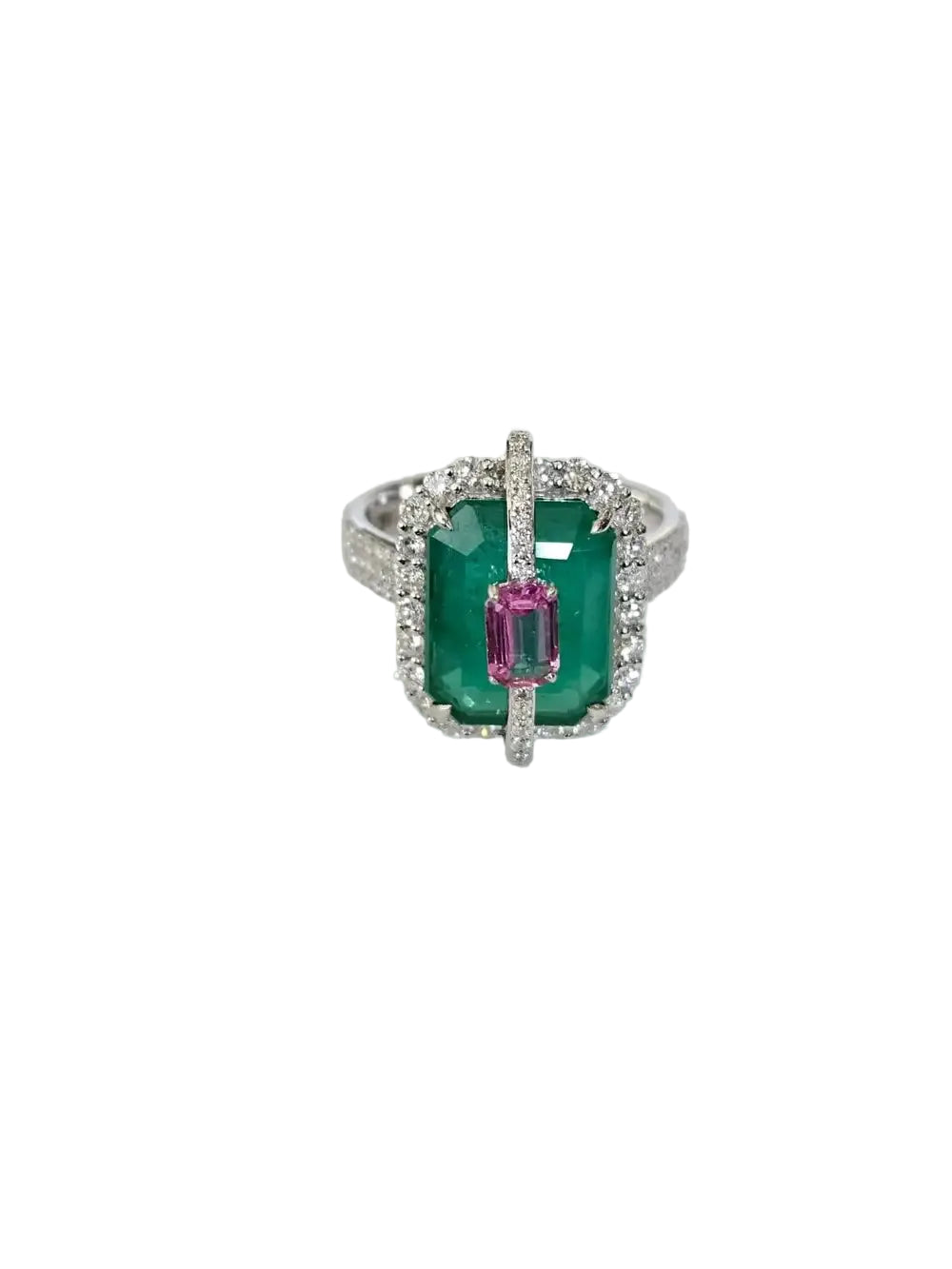 Zambian Emerald & Pink Sapphire Gemstone Ring - 18k White Gold Diamond Ring
