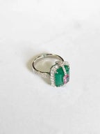 Zambian Emerald & Pink Sapphire Gemstone Ring - 18k White Gold Diamond Ring