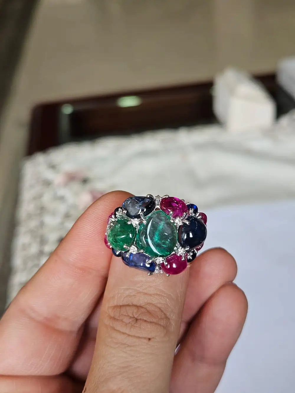18k White Gold Diamond Cluster Ring - Natural Emerald, Ruby & Blue Sapphire Gemstone Ring