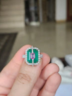 Zambian Emerald & Pink Sapphire Gemstone Ring - 18k White Gold Diamond Ring