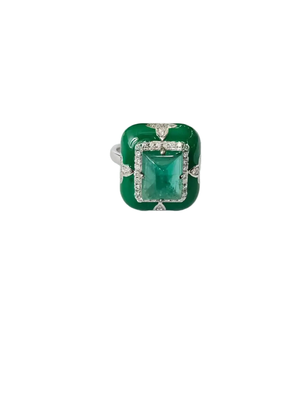 Natural Emerald Gemstone & Green Enamel Cocktail Ring - 18k White Gold Diamond Ring