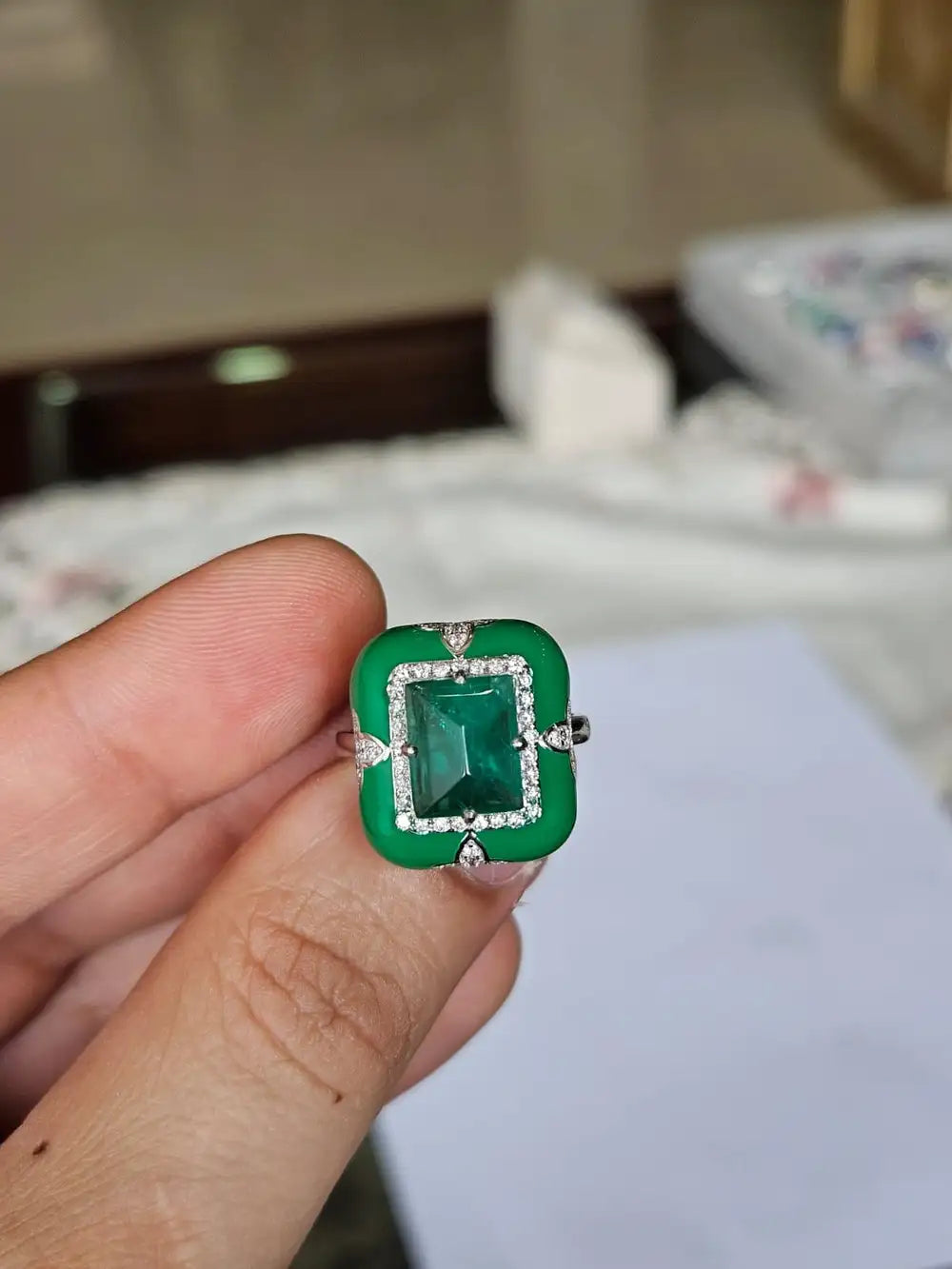 Natural Emerald Gemstone & Green Enamel Cocktail Ring - 18k White Gold Diamond Ring