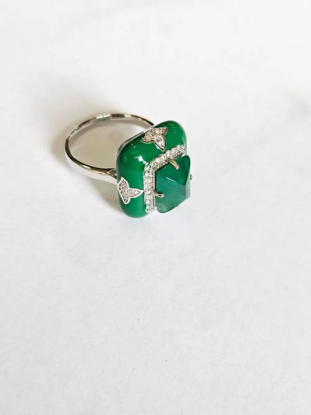 Natural Emerald Gemstone & Green Enamel Cocktail Ring - 18k White Gold Diamond Ring