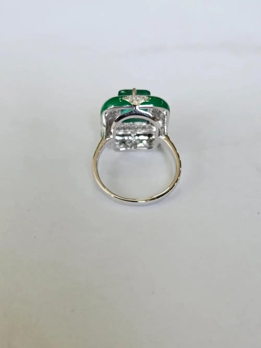 Natural Emerald Gemstone & Green Enamel Cocktail Ring - 18k White Gold Diamond Ring