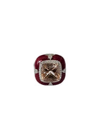 18k White Gold Diamond Cocktail Ring - Natural Morganite & Red Enamel Anniversary Ring