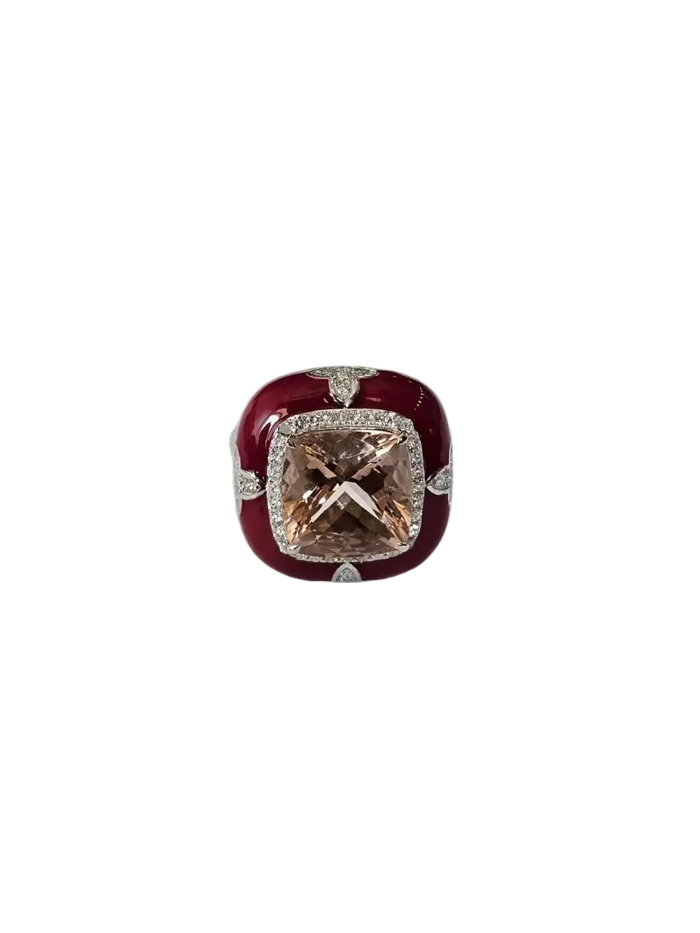 18k White Gold Diamond Cocktail Ring - Natural Morganite & Red Enamel Anniversary Ring