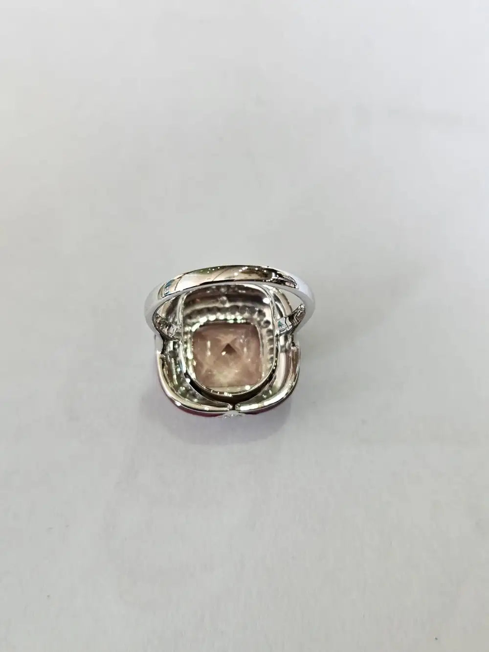 18k White Gold Diamond Cocktail Ring - Natural Morganite & Red Enamel Anniversary Ring