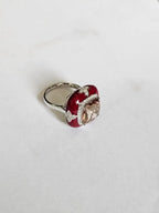 18k White Gold Diamond Cocktail Ring - Natural Morganite & Red Enamel Anniversary Ring