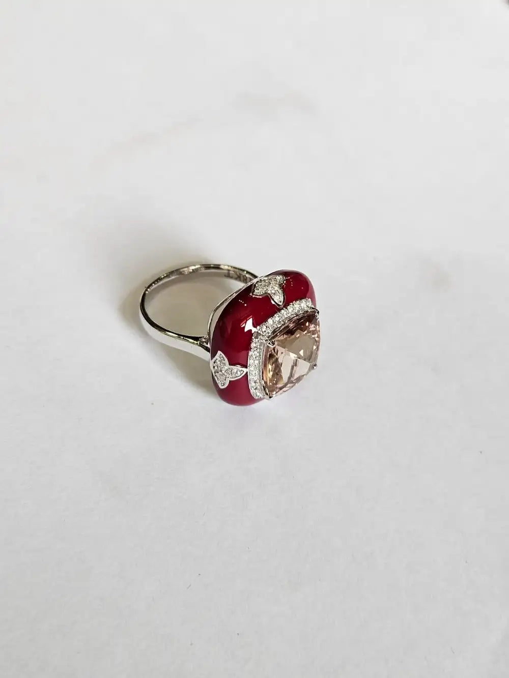18k White Gold Diamond Cocktail Ring - Natural Morganite & Red Enamel Anniversary Ring