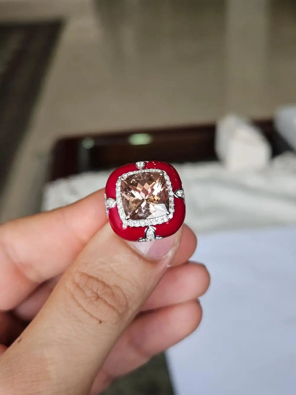 18k White Gold Diamond Cocktail Ring - Natural Morganite & Red Enamel Anniversary Ring