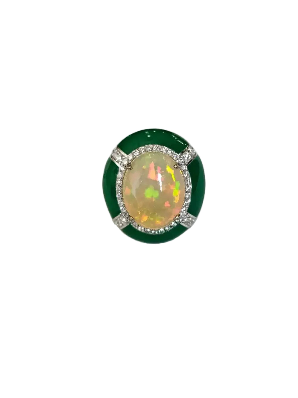 Natural Ethiopian Opal & Green Enamel Cocktail Ring - 18k White Gold Diamond Ring