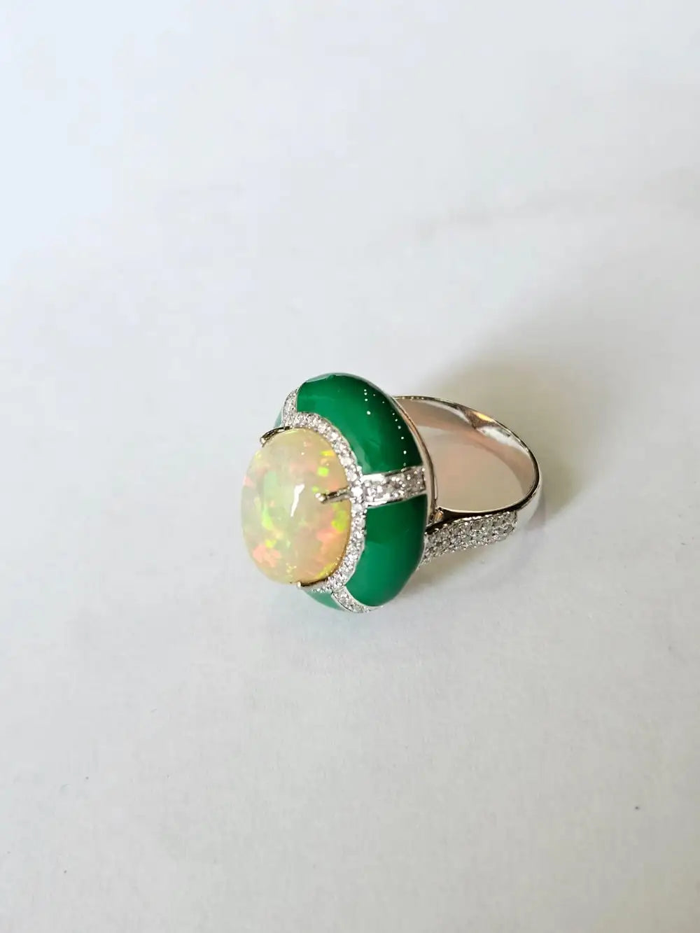 Natural Ethiopian Opal & Green Enamel Cocktail Ring - 18k White Gold Diamond Ring