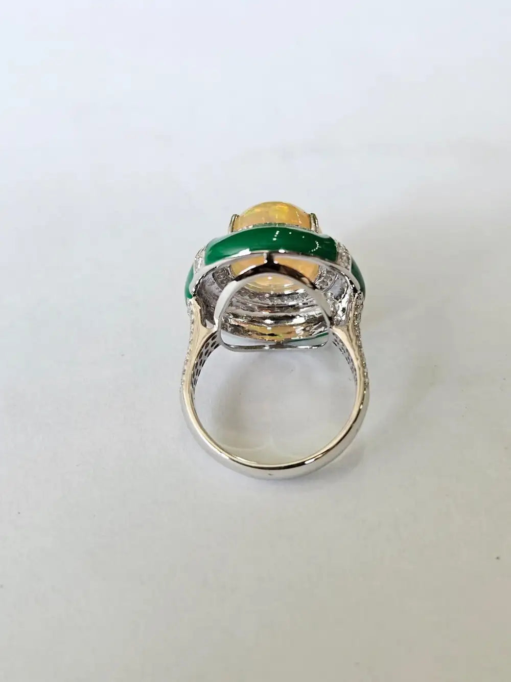 Natural Ethiopian Opal & Green Enamel Cocktail Ring - 18k White Gold Diamond Ring