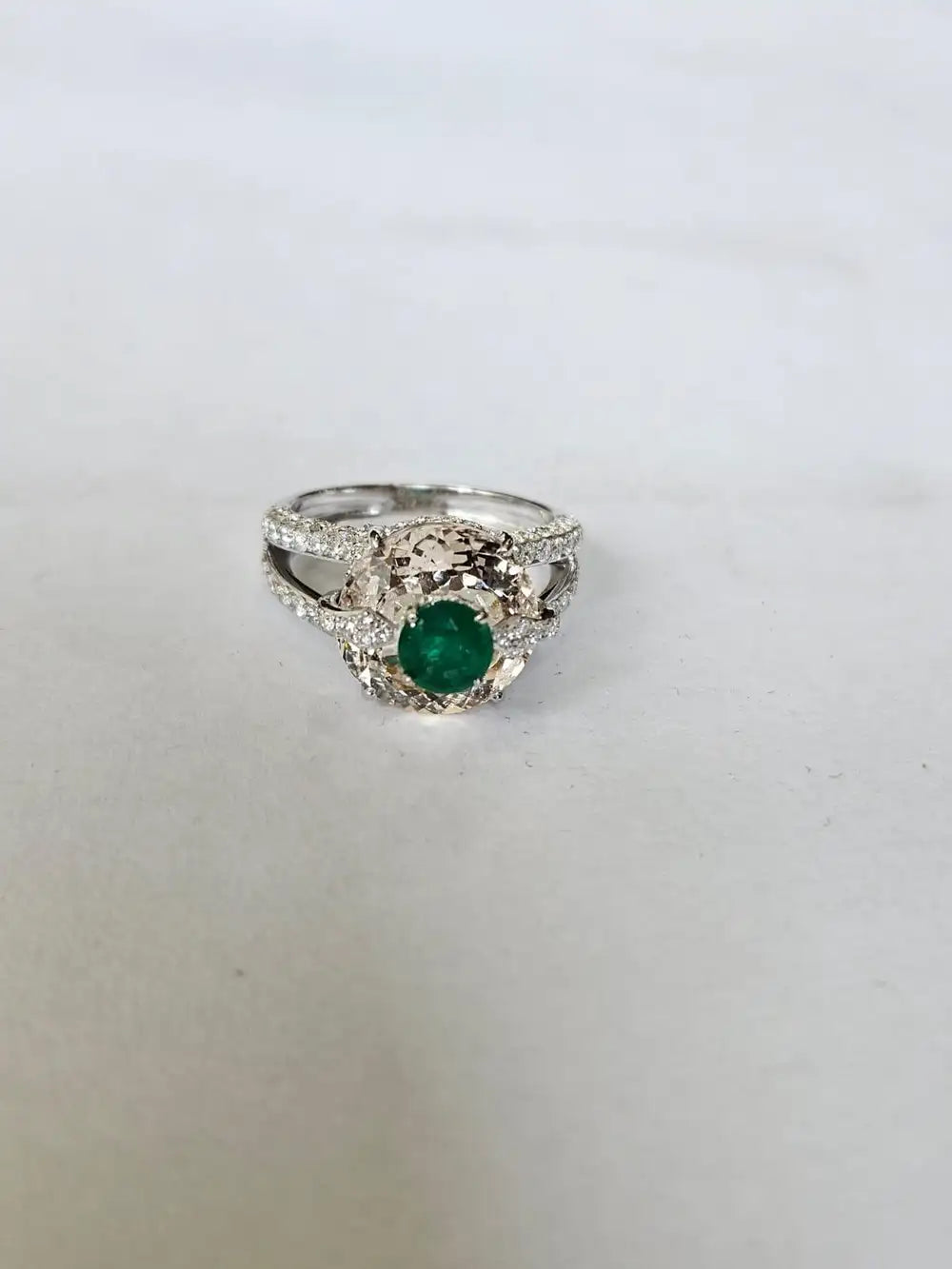 Natural Morganite & Zambian Emerald Gemstone Ring - 18k White Gold Diamond Ring