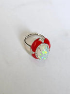 Natural Ethiopian Opal & Red Enamel Ring - 18k White Gold Diamond Cocktail Ring