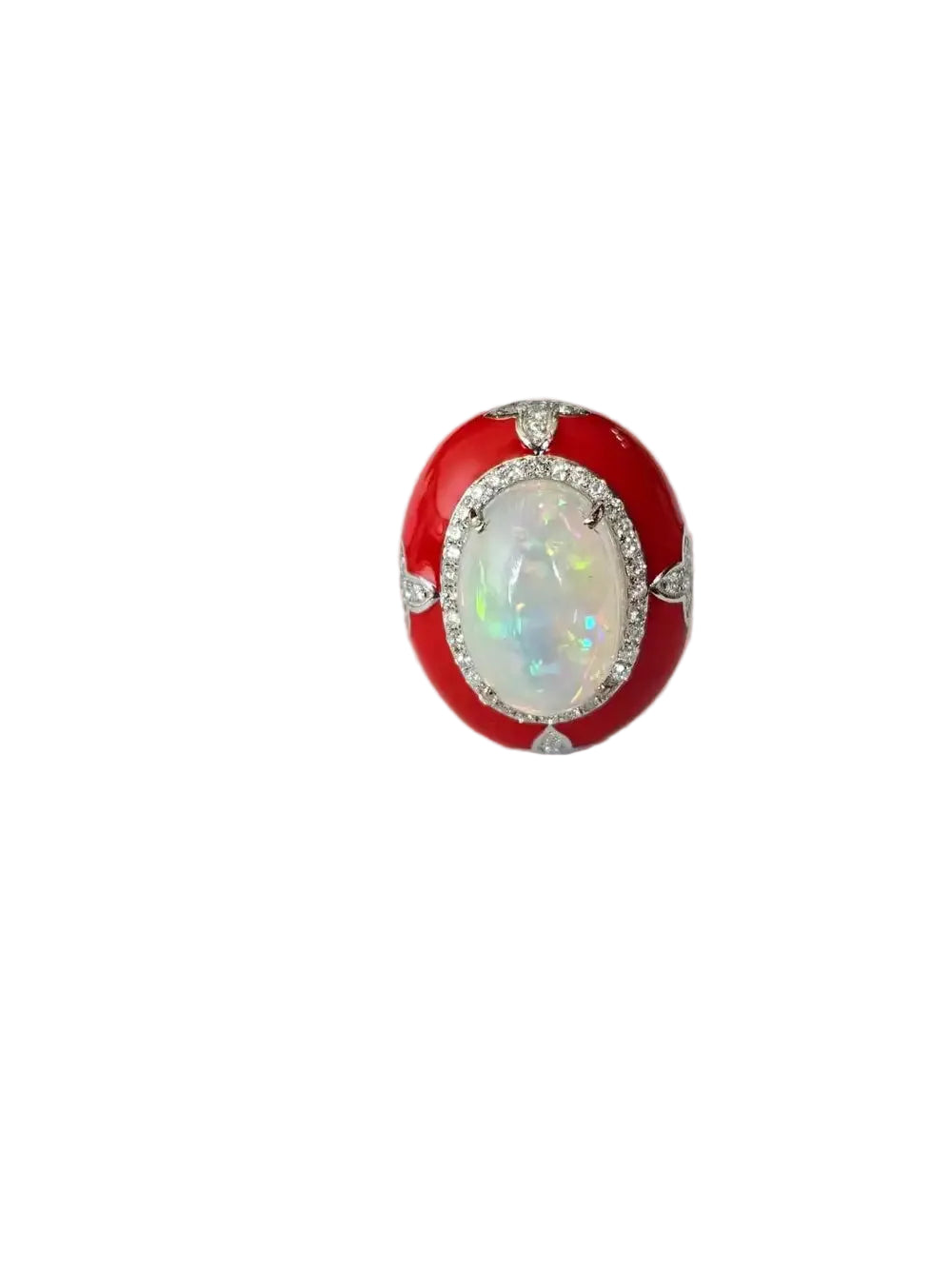 Natural Ethiopian Opal & Red Enamel Ring - 18k White Gold Diamond Cocktail Ring