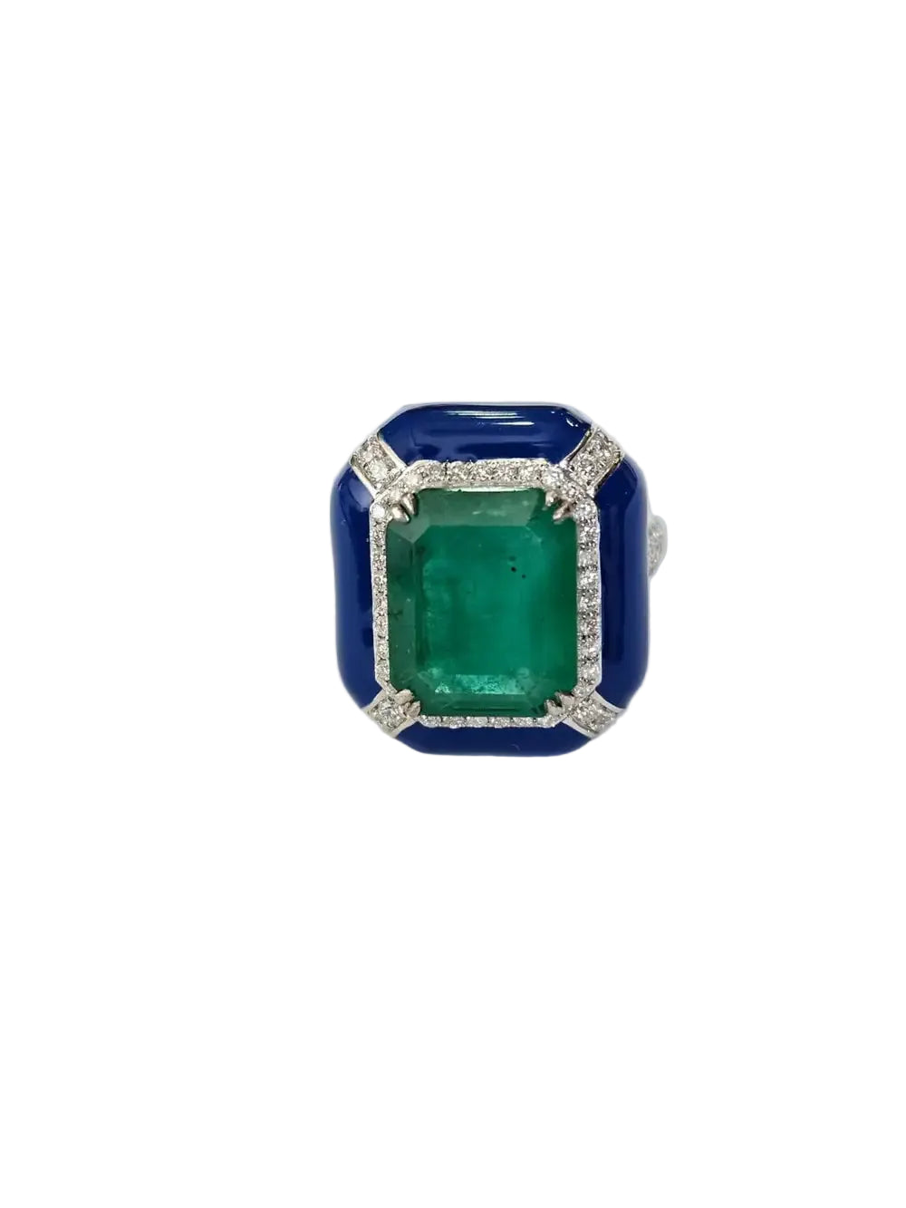 18k White Gold Diamond Handmade Ring - Natural Zambian Emerald & Blue Enamel Cocktail Ring
