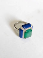 18k White Gold Diamond Handmade Ring - Natural Zambian Emerald & Blue Enamel Cocktail Ring