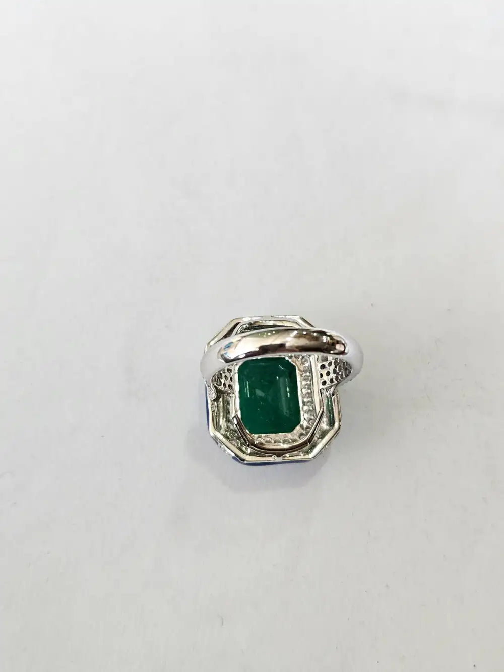 18k White Gold Diamond Handmade Ring - Natural Zambian Emerald & Blue Enamel Cocktail Ring