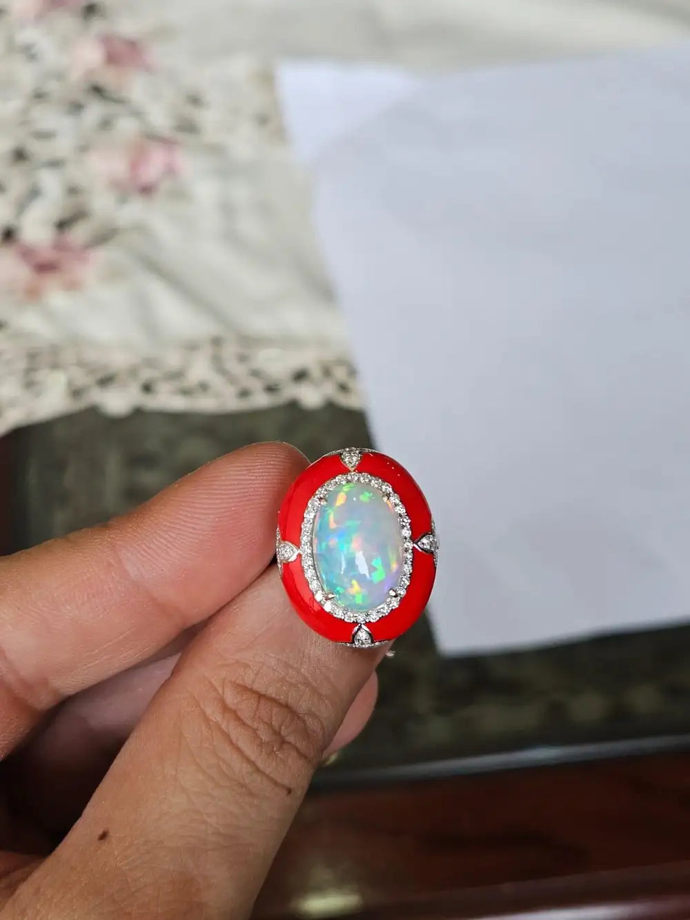 Natural Ethiopian Opal & Red Enamel Ring - 18k White Gold Diamond Cocktail Ring