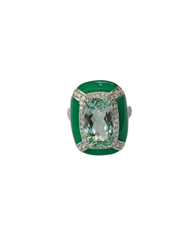 Natural Aquamarine & Green Enamel Cocktail Ring - 18k White Gold Diamond Handmade Ring Hover Image
