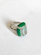 Natural Aquamarine & Green Enamel Cocktail Ring - 18k White Gold Diamond Handmade Ring