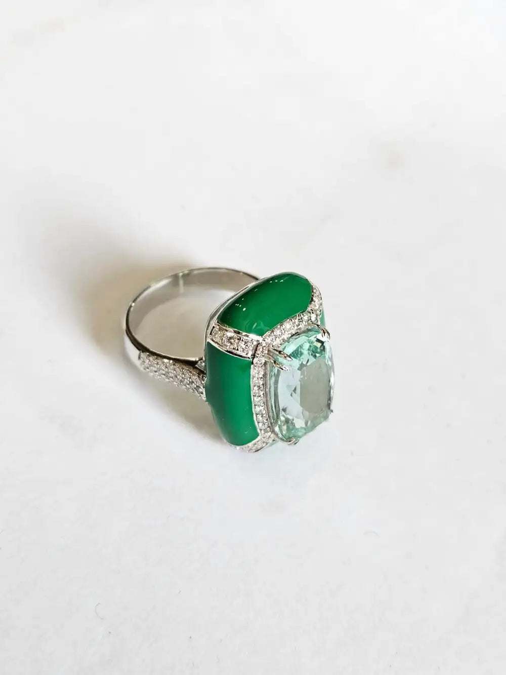 Natural Aquamarine & Green Enamel Cocktail Ring - 18k White Gold Diamond Handmade Ring