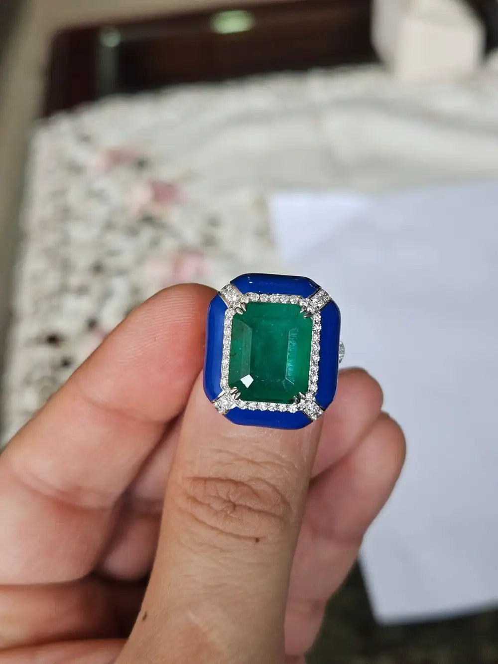 18k White Gold Diamond Handmade Ring - Natural Zambian Emerald & Blue Enamel Cocktail Ring