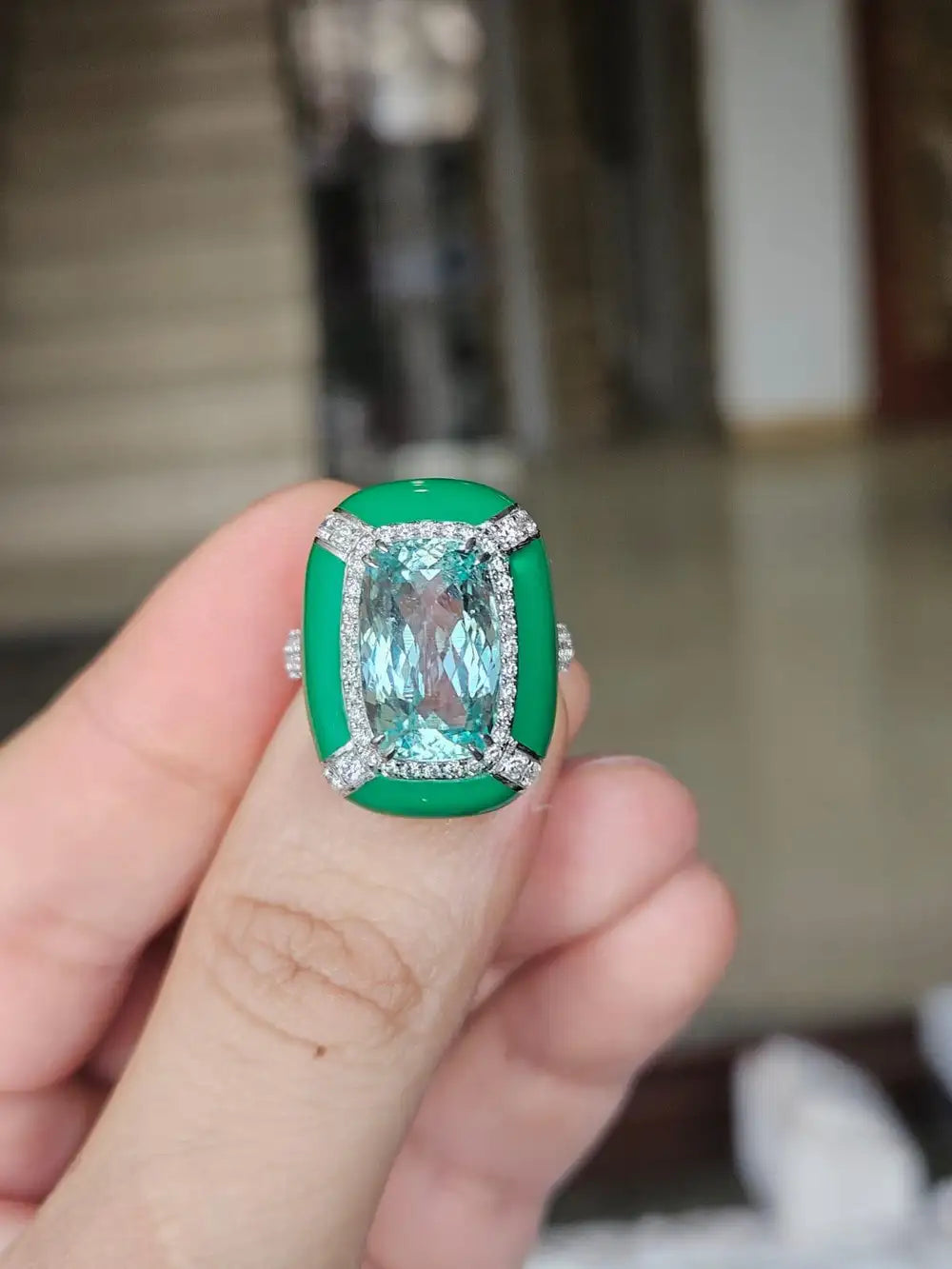 Natural Aquamarine & Green Enamel Cocktail Ring - 18k White Gold Diamond Handmade Ring