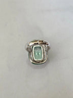 Natural Aquamarine & Green Enamel Cocktail Ring - 18k White Gold Diamond Handmade Ring