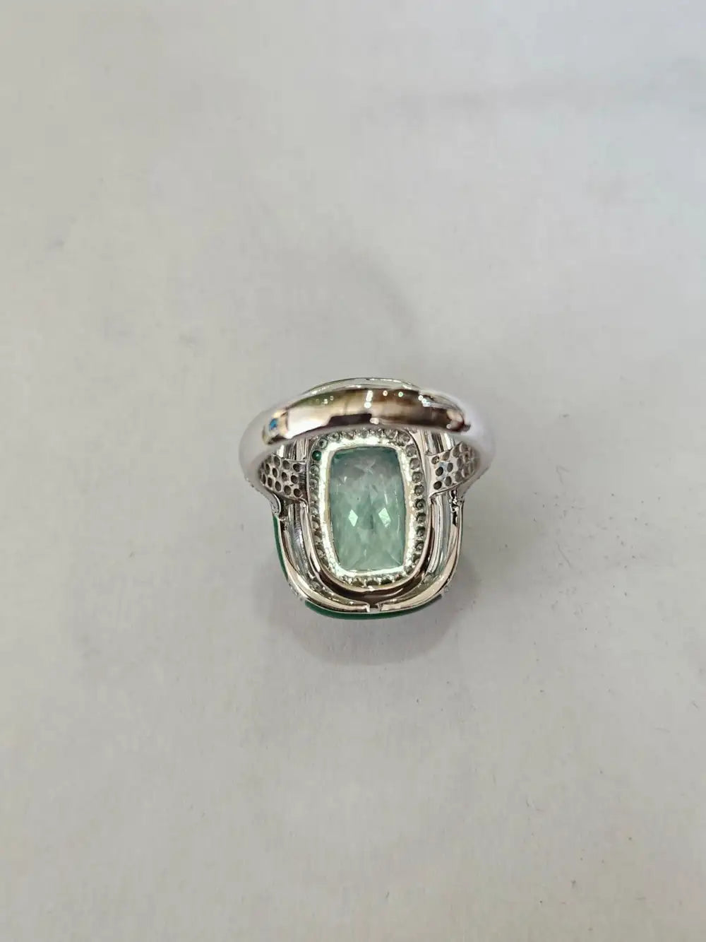 Natural Aquamarine & Green Enamel Cocktail Ring - 18k White Gold Diamond Handmade Ring