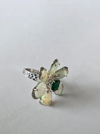 Ethiopian Opal & Zambian Emerald Floral Ring - 18k White Gold Diamond Ring