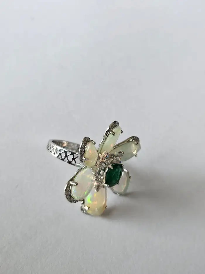 Ethiopian Opal & Zambian Emerald Floral Ring - 18k White Gold Diamond Ring