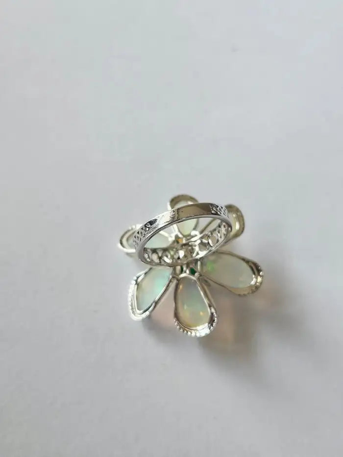 Ethiopian Opal & Zambian Emerald Floral Ring - 18k White Gold Diamond Ring