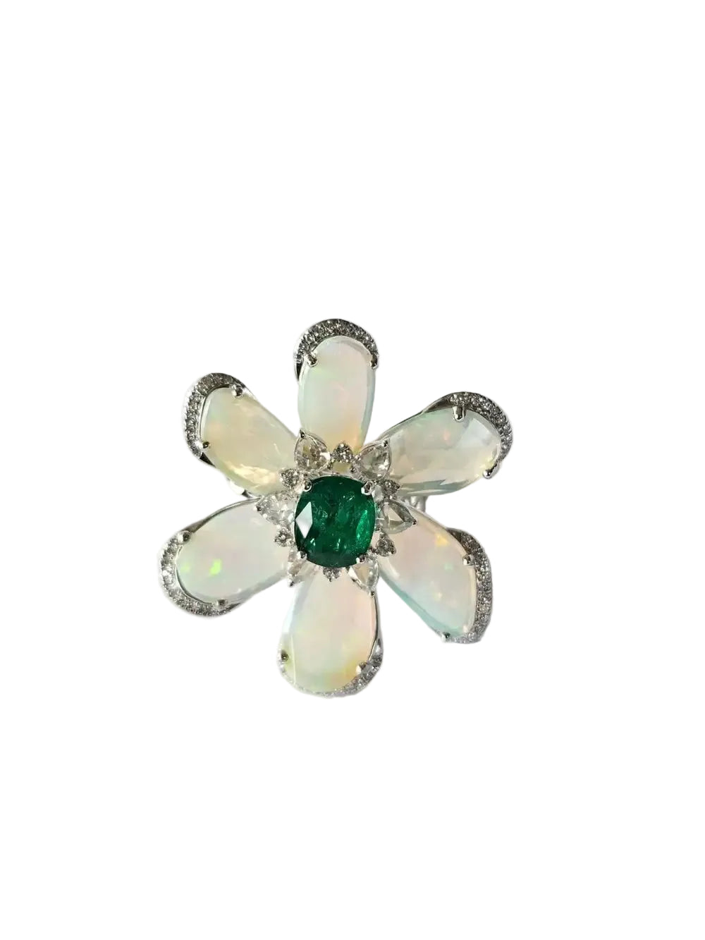 Ethiopian Opal & Zambian Emerald Gemstone Cocktail Ring - 18k White Gold Diamond Ring