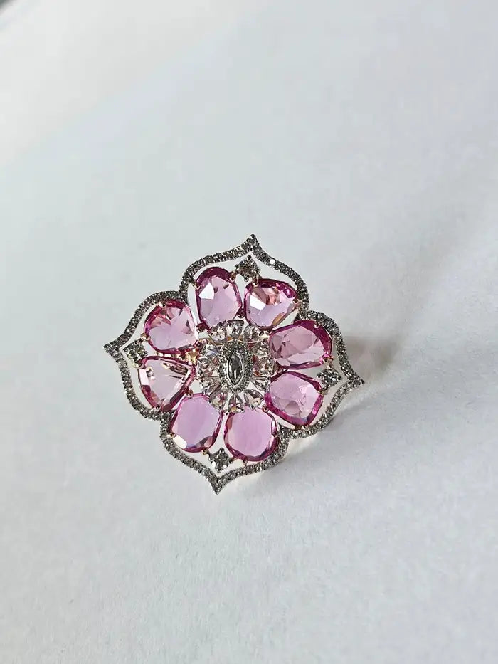 Natural Pink Sapphire Cocktail Ring - 18k Rose Gold Ring With Rose cut Diamonds
