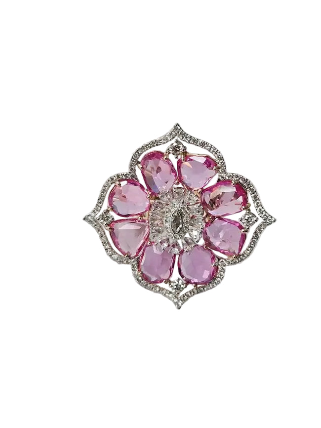 Natural Pink Sapphire Cocktail Ring - 18k Rose Gold Ring With Rose cut Diamonds Hover Image