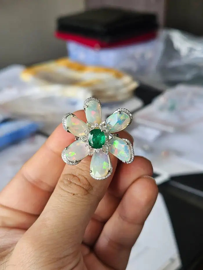 Ethiopian Opal & Zambian Emerald Floral Ring - 18k White Gold Diamond Ring