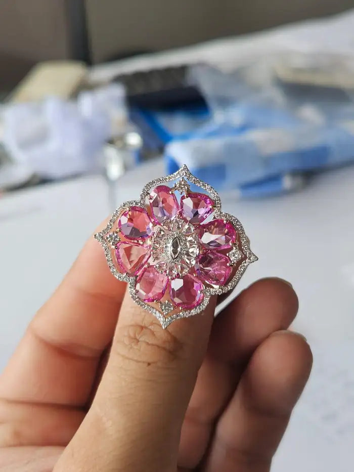 Natural Pink Sapphire Cocktail Ring - 18k Rose Gold Ring With Rose cut Diamonds
