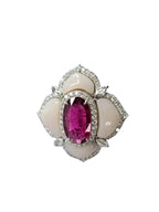 18k White Gold Diamond Ring - Natural Rubellite & Pink Opal Ring