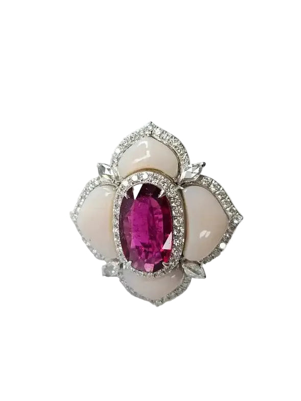 18k White Gold Diamond Ring - Natural Rubellite & Pink Opal Ring