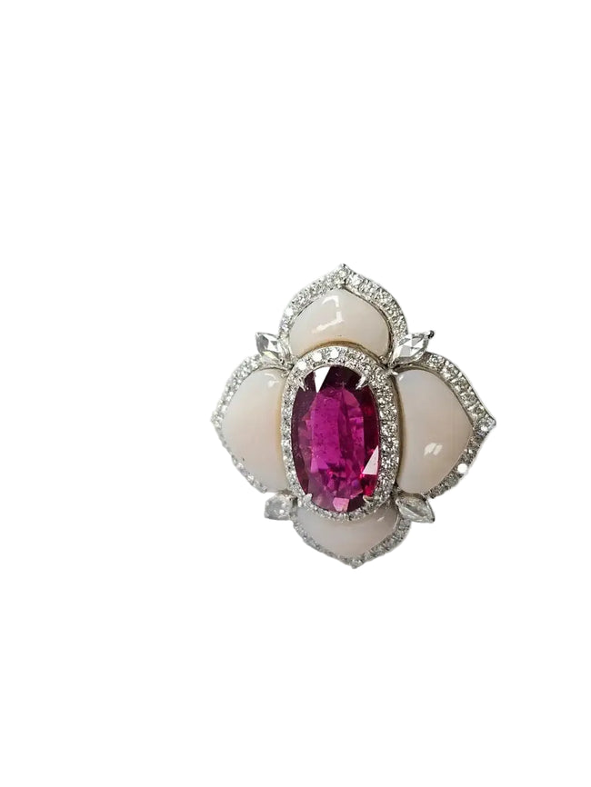 Natural Rubellite & Pink Opal Cocktail Ring - 18k White Gold Diamond Ring Hover Image