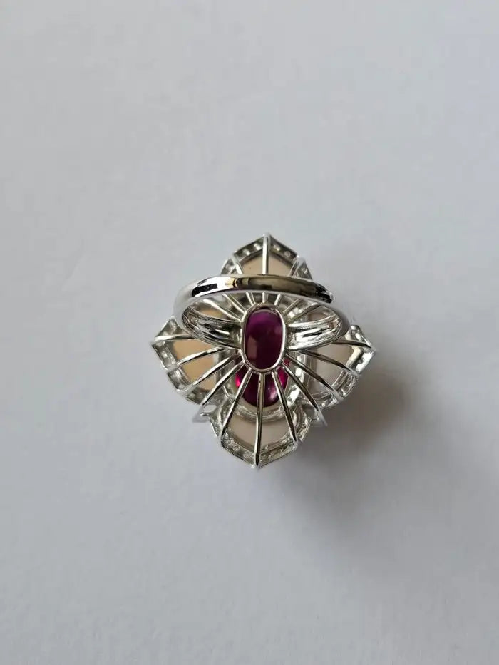 18k White Gold Diamond Ring - Natural Rubellite & Pink Opal Ring