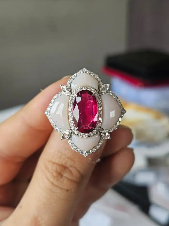 18k White Gold Diamond Ring - Natural Rubellite & Pink Opal Ring