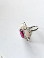 18k White Gold Diamond Ring - Natural Rubellite & Pink Opal Ring