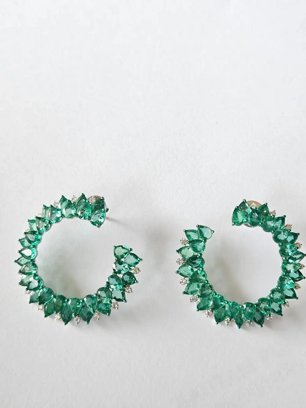 Natural Zambian Emerald Gemstone Hoop Earrings - 18k White Gold Diamond Handmade Hoop Earrings