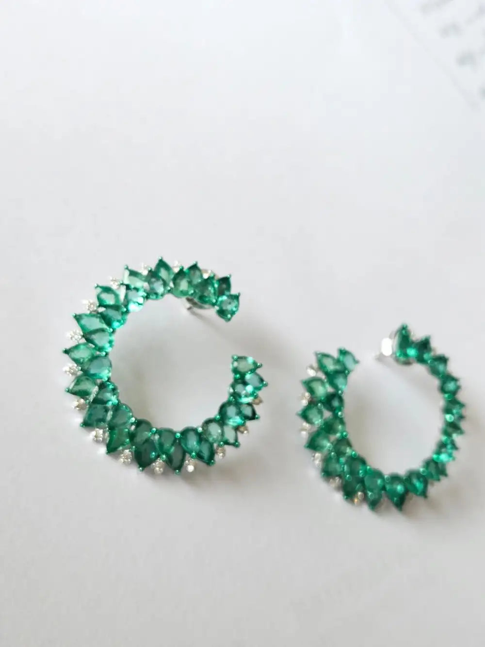 Natural Zambian Emerald Gemstone Hoop Earrings - 18k White Gold Diamond Handmade Hoop Earrings