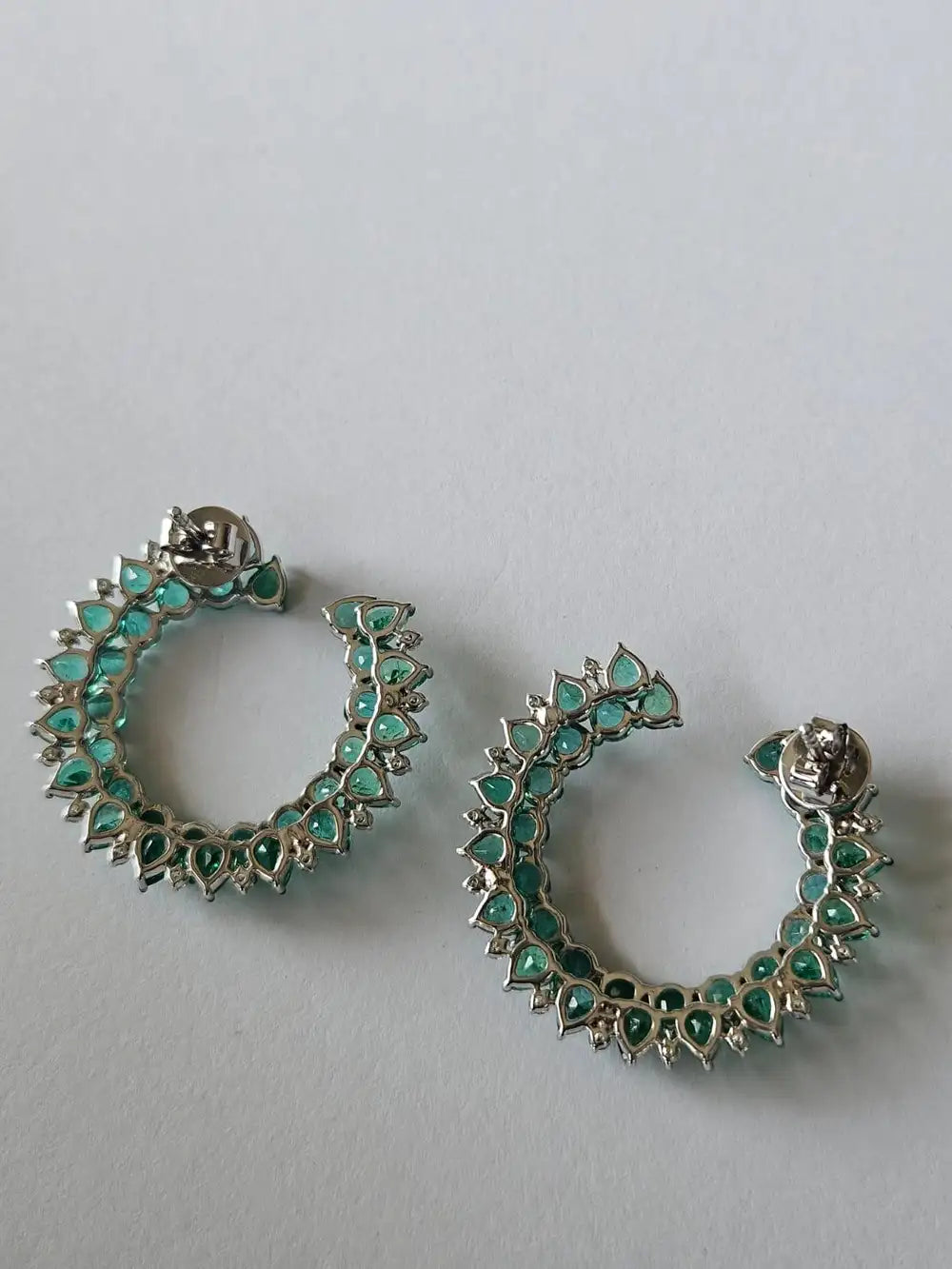 Natural Zambian Emerald Gemstone Hoop Earrings - 18k White Gold Diamond Handmade Hoop Earrings