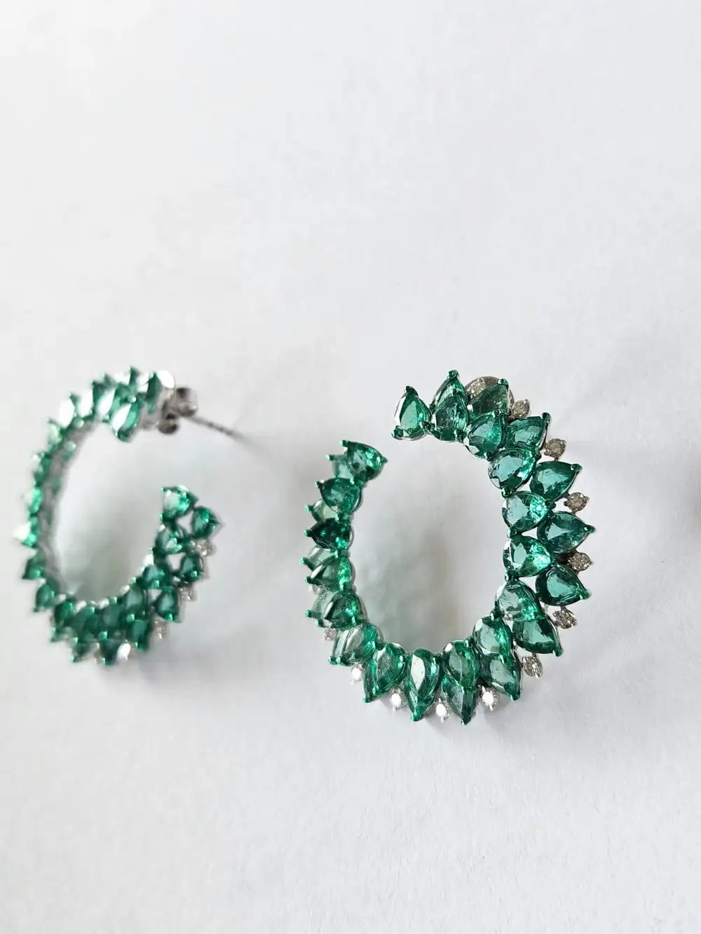 Natural Zambian Emerald Gemstone Hoop Earrings - 18k White Gold Diamond Handmade Hoop Earrings