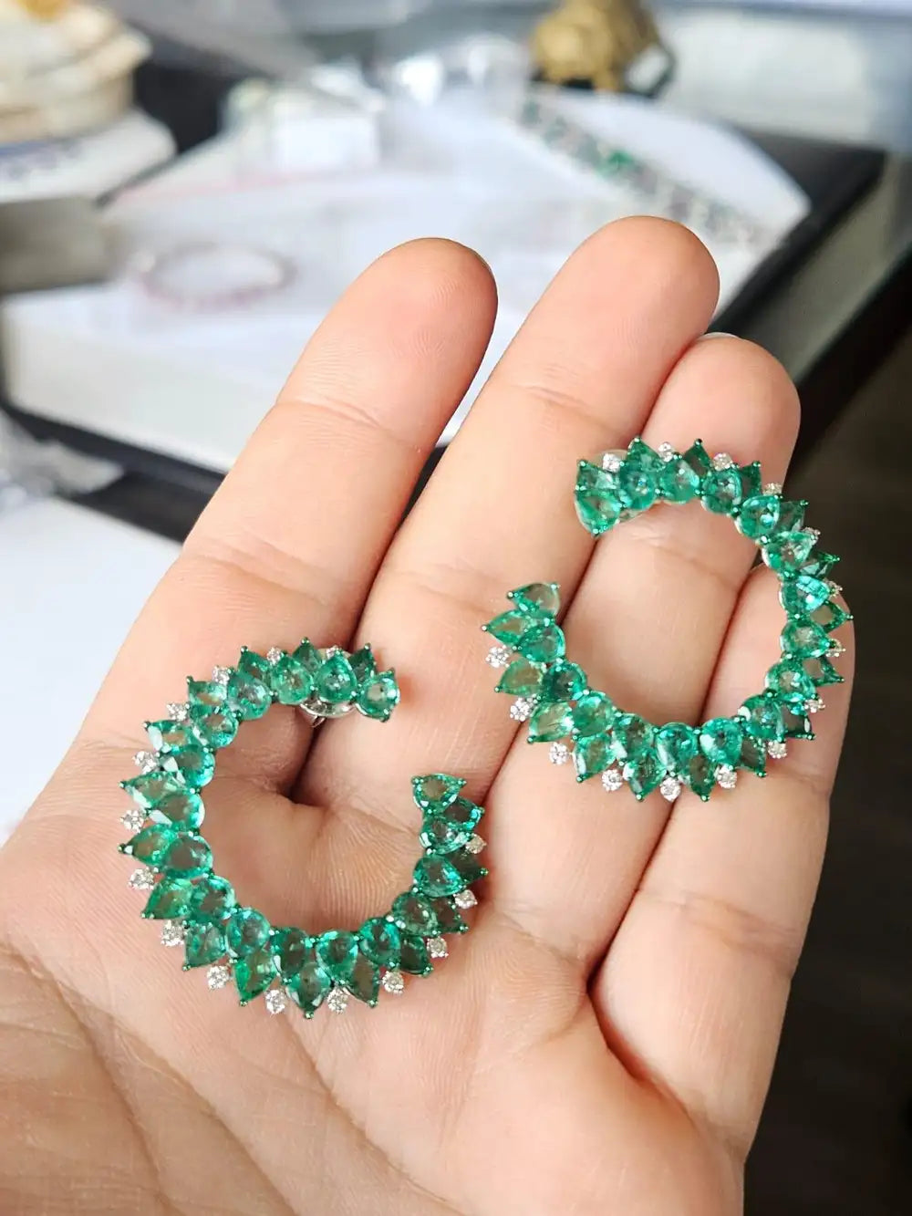 Natural Zambian Emerald Gemstone Hoop Earrings - 18k White Gold Diamond Handmade Hoop Earrings